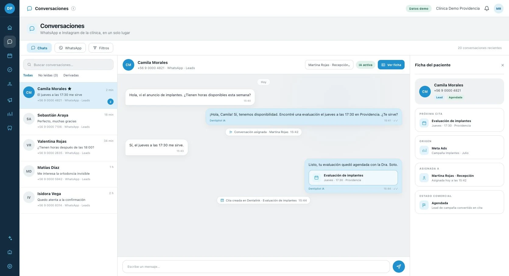 Interfaz completa de conversaciones de Dentipilot con datos demostrativos, teléfonos ficticios, asignación y cita creada
